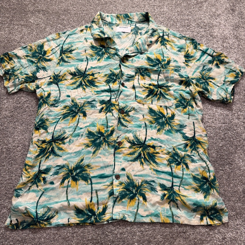 Old Navy Shirt Mens Large Green Palm Tree Rayon Tropical Beach Vacation Summer